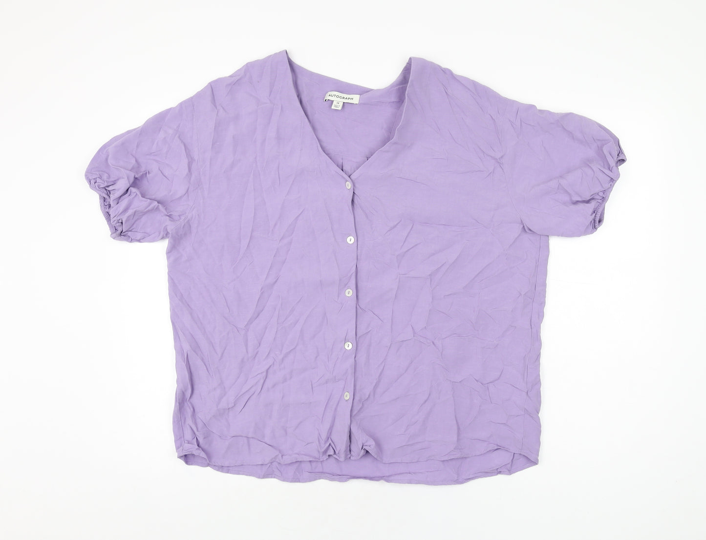 Autograph Womens Purple Viscose Basic Button-Up Size 14 V-Neck