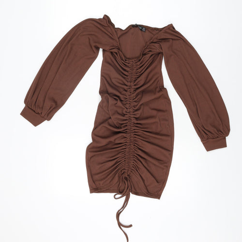 PRETTYLITTLETHING Womens Brown Polyester Mini Size 8 Off the Shoulder Drawstring