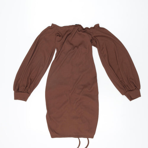 PRETTYLITTLETHING Womens Brown Polyester Mini Size 8 Off the Shoulder Drawstring