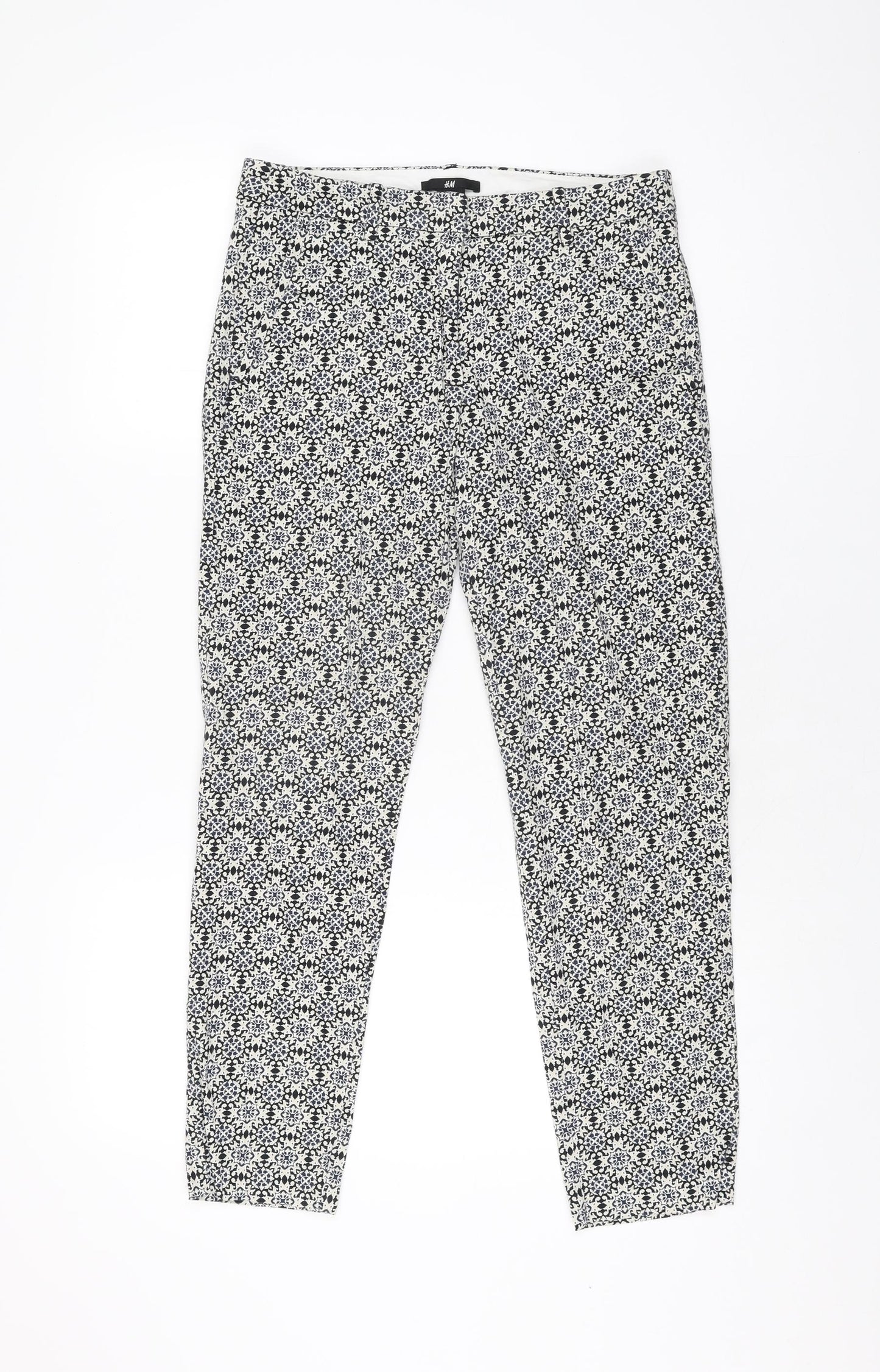 H&M Womens White Geometric Cotton Trousers Size 8 L26 in Regular Zip
