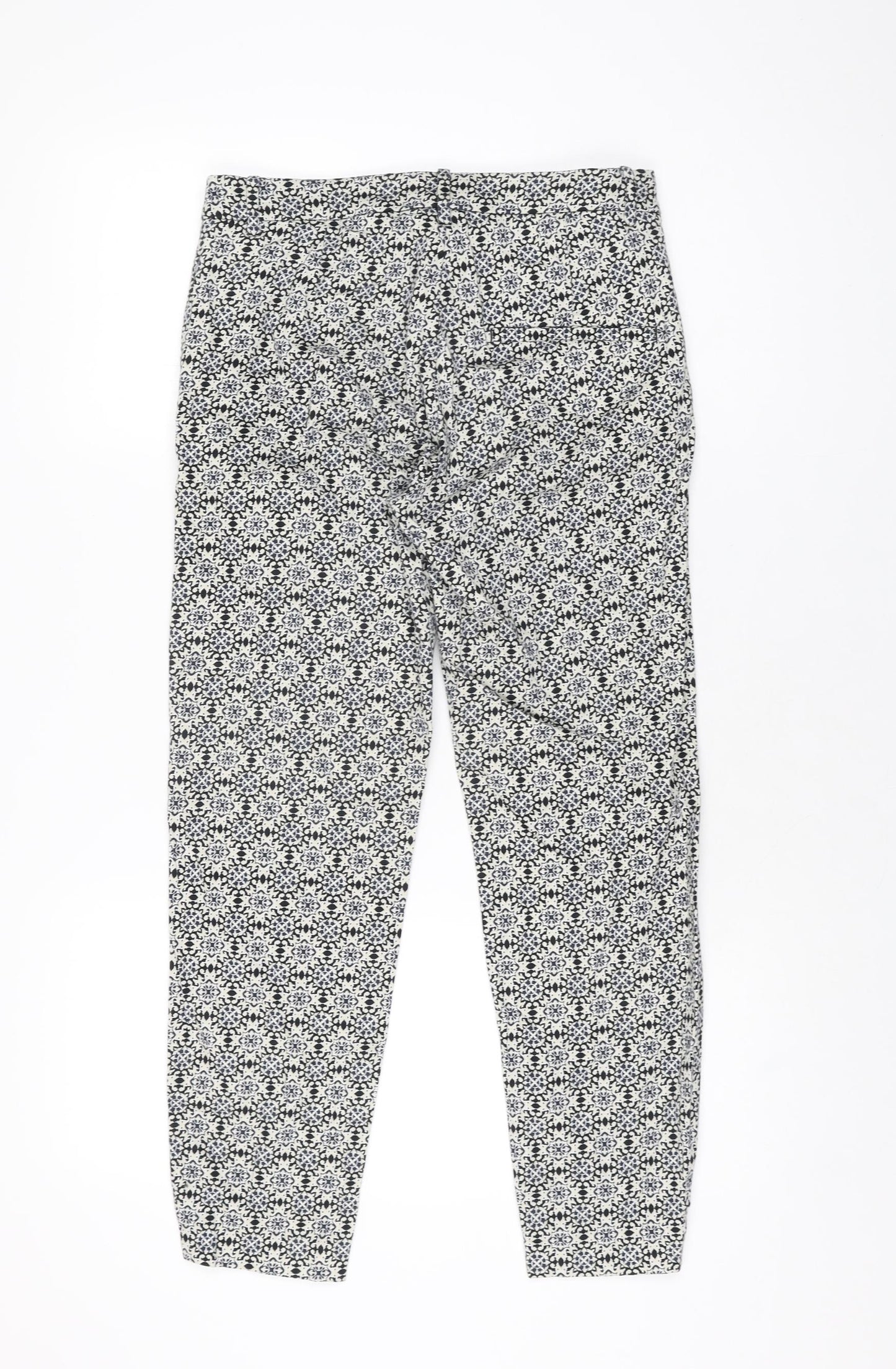 H&M Womens White Geometric Cotton Trousers Size 8 L26 in Regular Zip