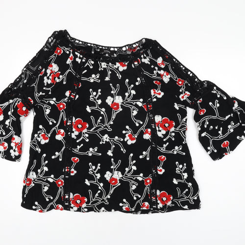 Klass Womens Black Floral Acrylic Basic T-Shirt Size L Round Neck