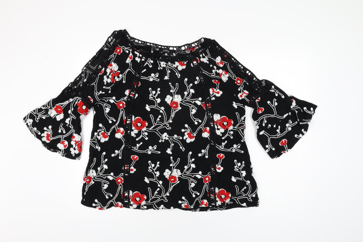 Klass Womens Black Floral Acrylic Basic T-Shirt Size L Round Neck