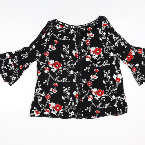 Klass Womens Black Floral Acrylic Basic T-Shirt Size L Round Neck