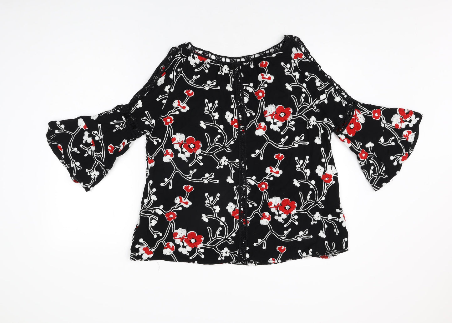 Klass Womens Black Floral Acrylic Basic T-Shirt Size L Round Neck