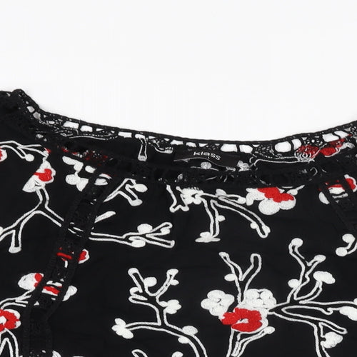 Klass Womens Black Floral Acrylic Basic T-Shirt Size L Round Neck