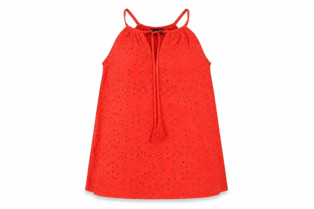 Front view of New Look women’s red cotton basic t-shirt, size UK 8, v-neck