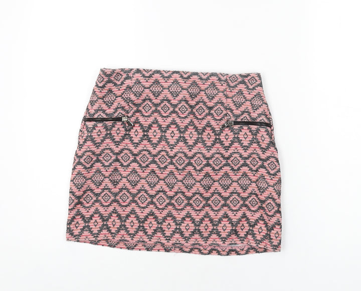 Stradivarius Womens Pink Geometric Cotton Mini Skirt Size 10 Zip