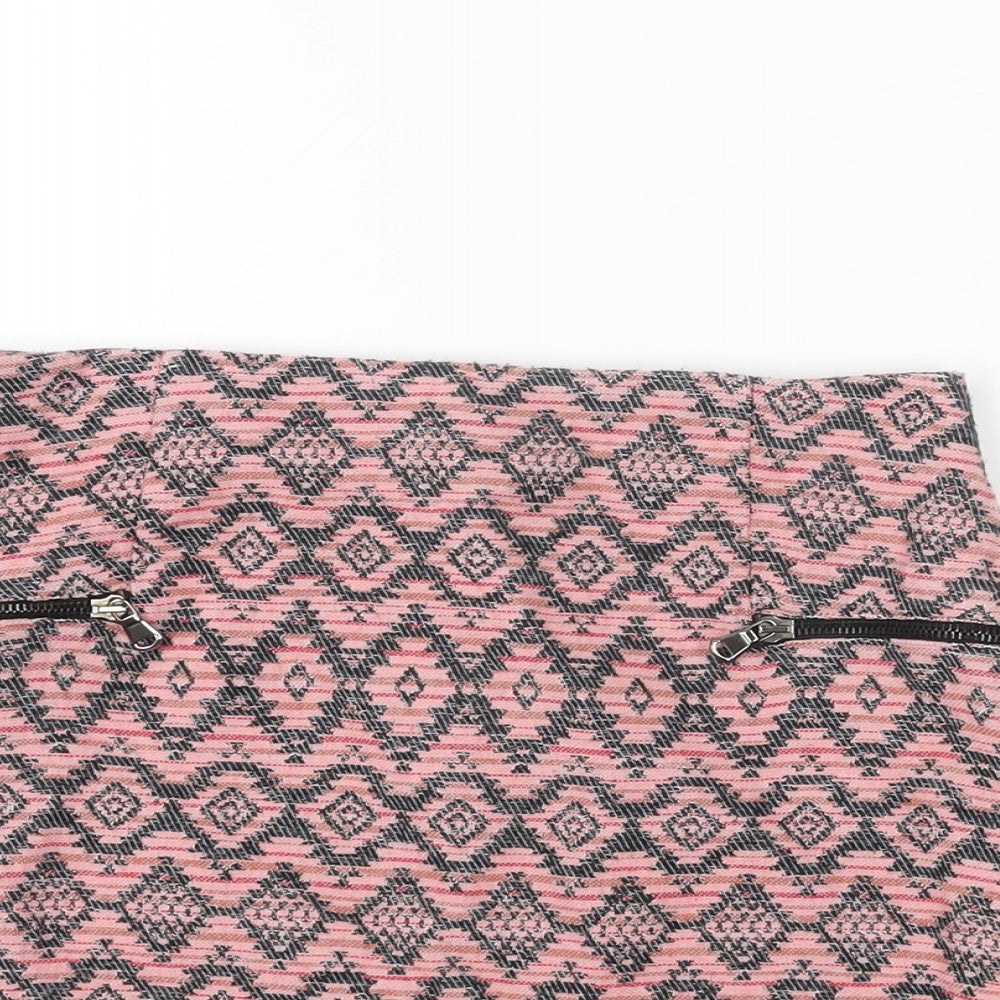 Stradivarius Womens Pink Geometric Cotton Mini Skirt Size 10 Zip