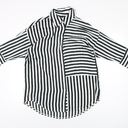 Zara Womens White Striped Polyester Basic Button-Up Size S Collared