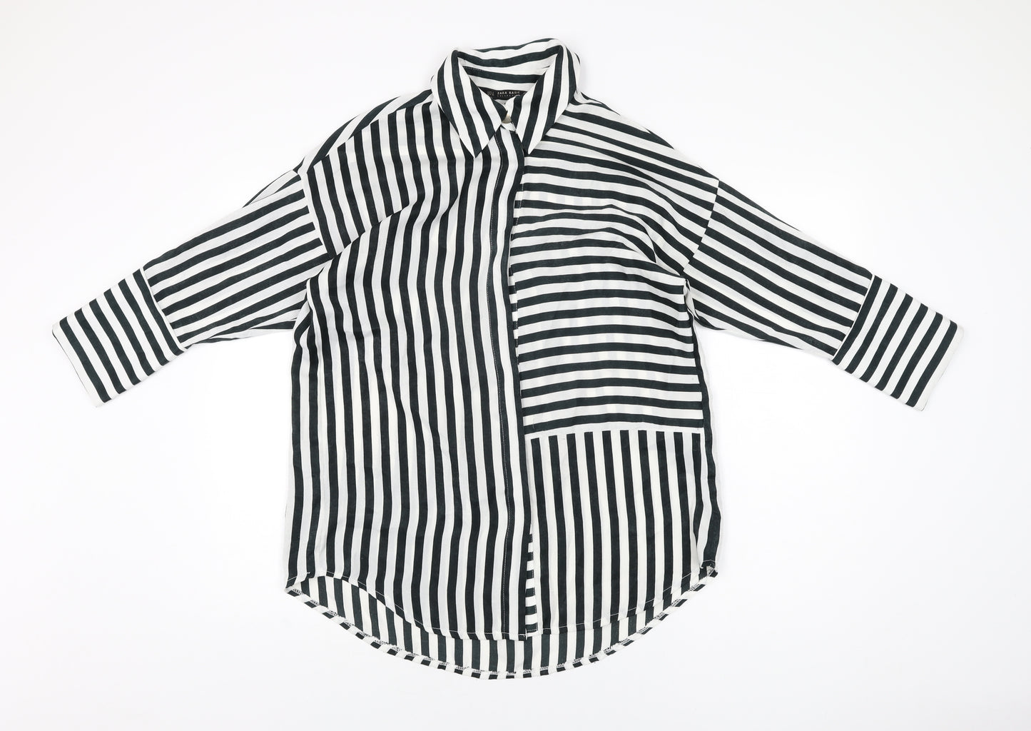 Zara Womens White Striped Polyester Basic Button-Up Size S Collared