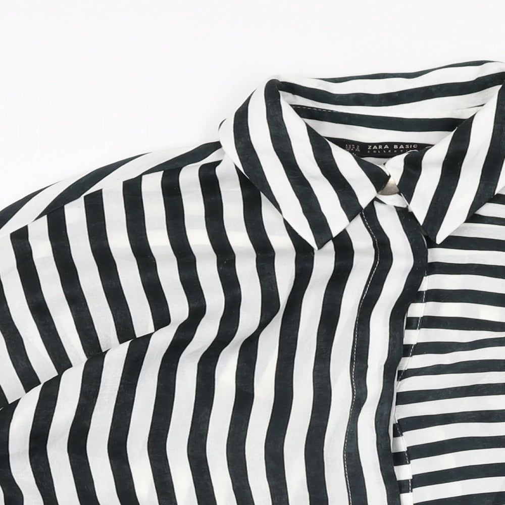 Zara Womens White Striped Polyester Basic Button-Up Size S Collared
