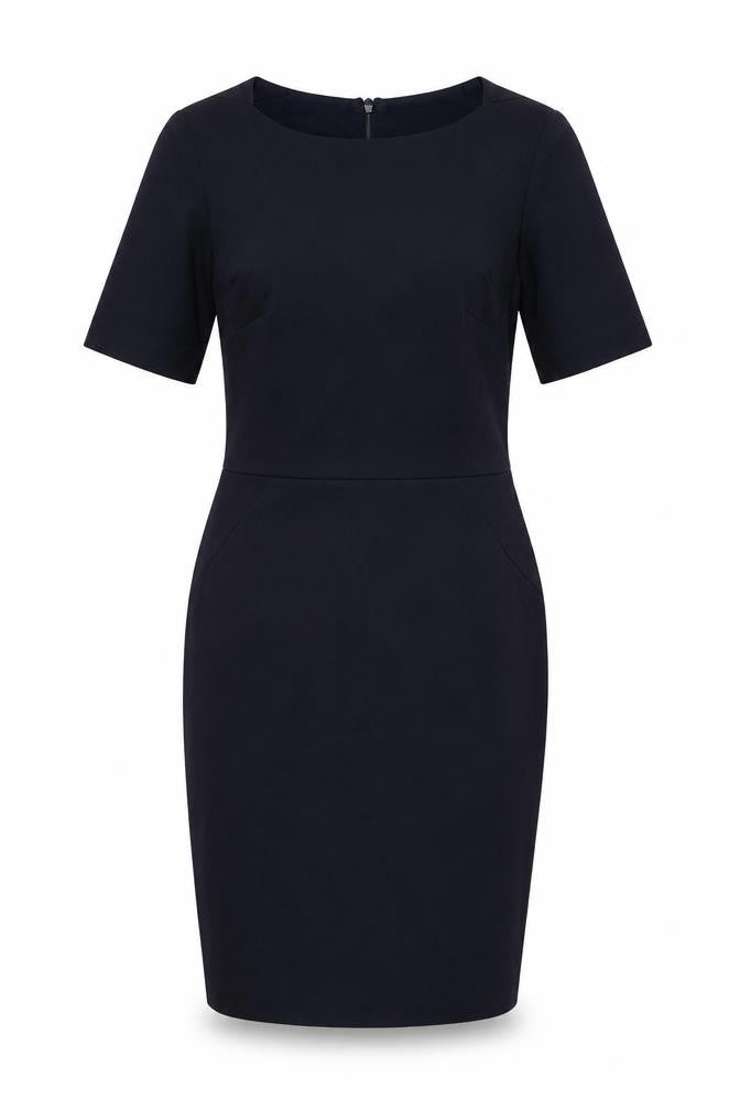 Front view of Next women’s blue polyester bodycon, size UK 10, round neck zip