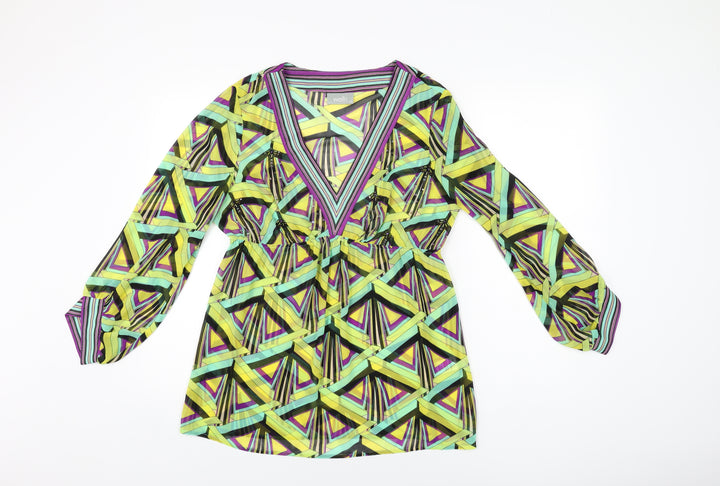 Wallis Womens Multicoloured Geometric Polyester Basic Blouse Size 12 V-Neck - Sheer