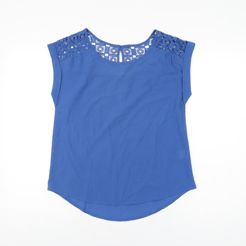 E&M Womens Blue Polyester Basic T-Shirt Size S Round Neck