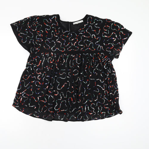Mango Womens Black Geometric Polyester Basic T-Shirt Size L Round Neck