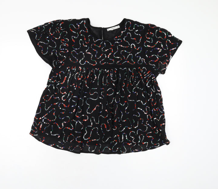 Mango Womens Black Geometric Polyester Basic T-Shirt Size L Round Neck