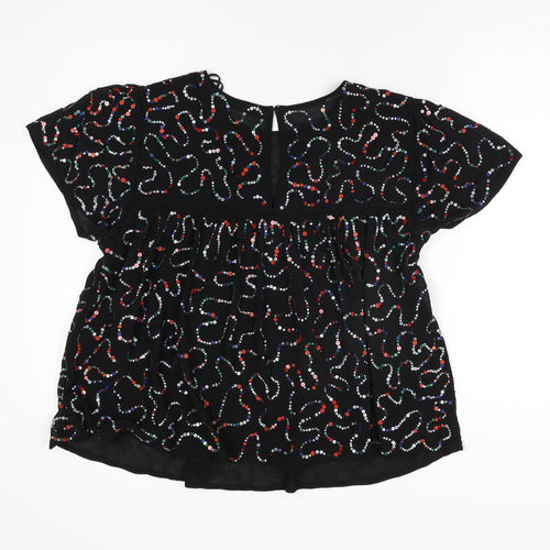 Mango Womens Black Geometric Polyester Basic T-Shirt Size L Round Neck