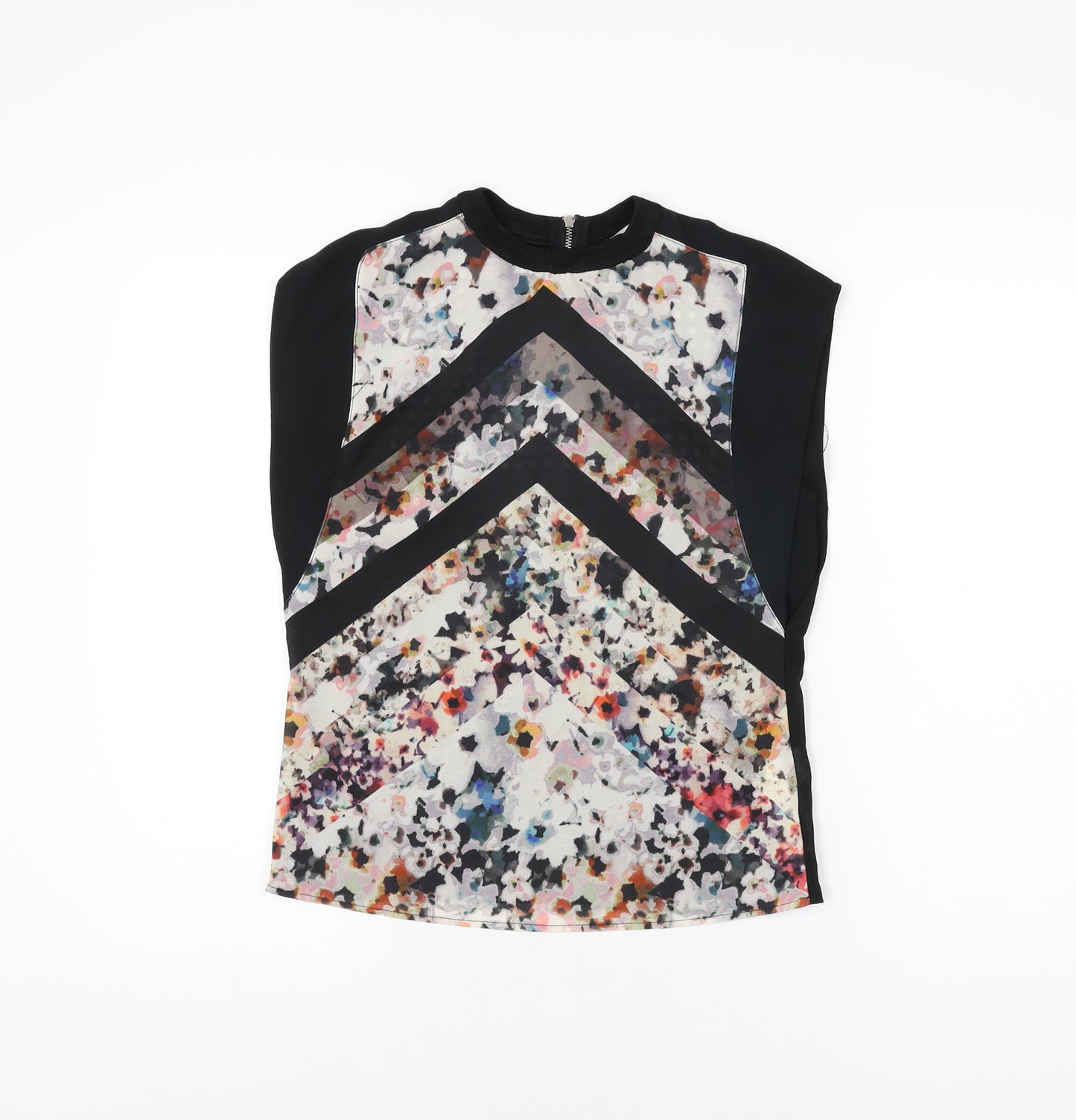 Zara Womens Black Geometric Cotton Basic Blouse Size S Round Neck