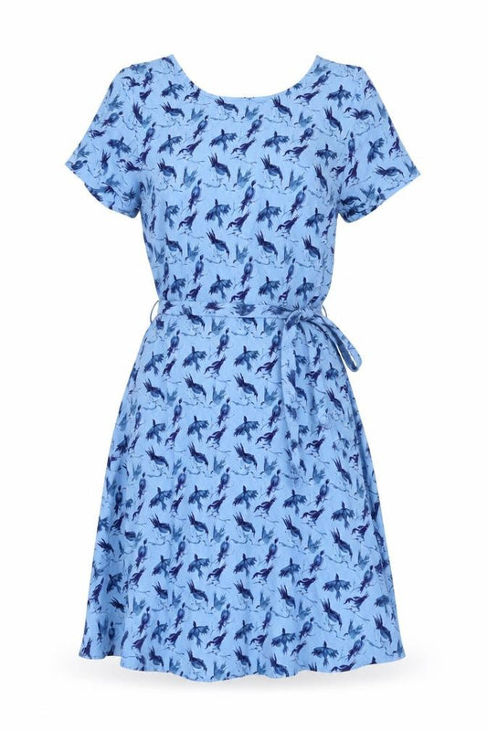 Front view of Pretty Vacant women’s blue geometric rayon a-line, size UK 8, round neck zip