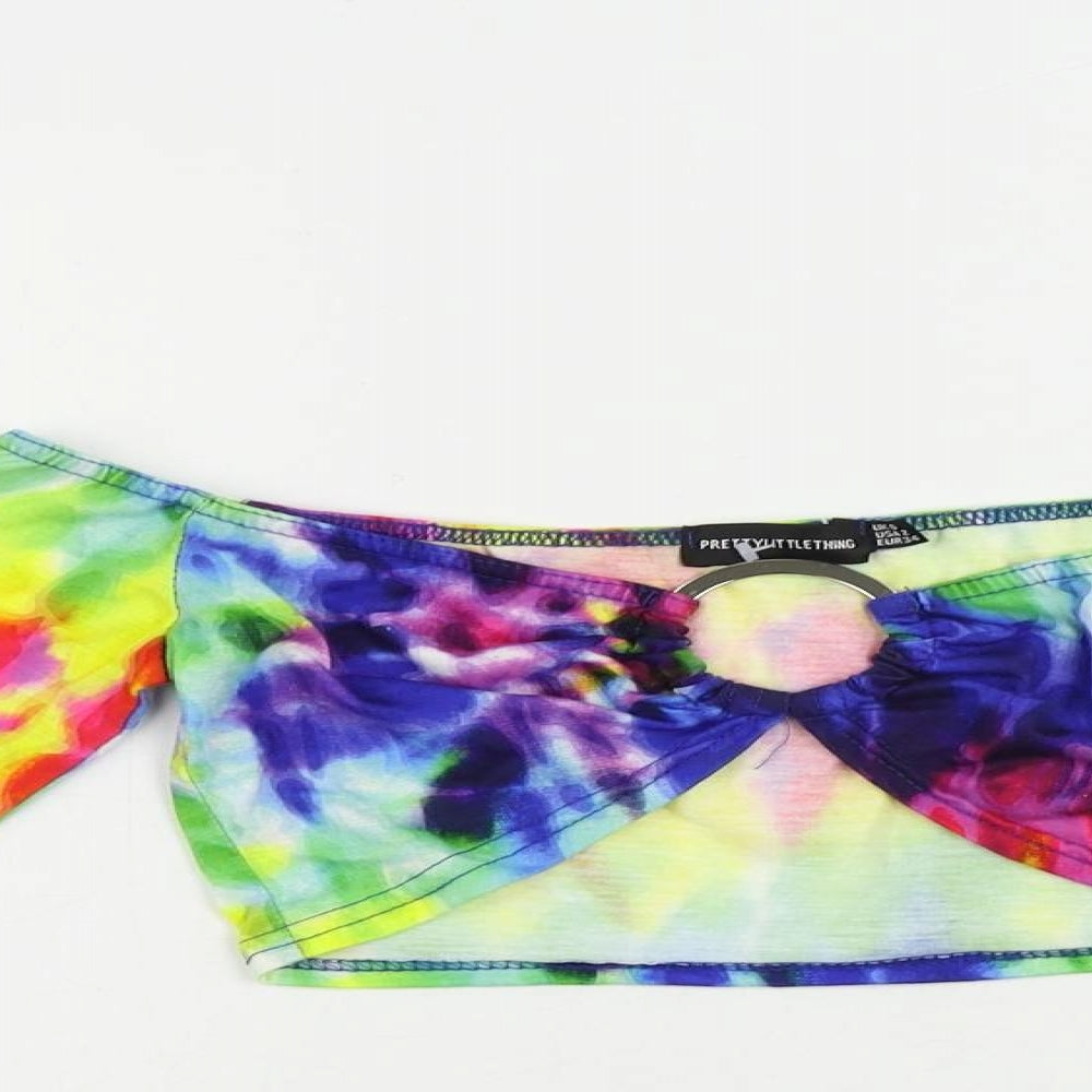PRETTYLITTLETHING Womens Multicoloured Polyester Cropped Blouse Size 6 Boat Neck - Tie Dye