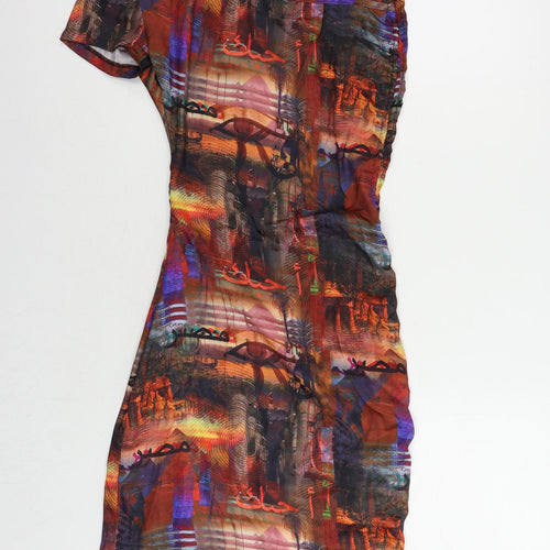 PRETTYLITTLETHING Womens Multicoloured Geometric Polyester Bodycon Size 4 Mock Neck Hook & Eye - Ruched