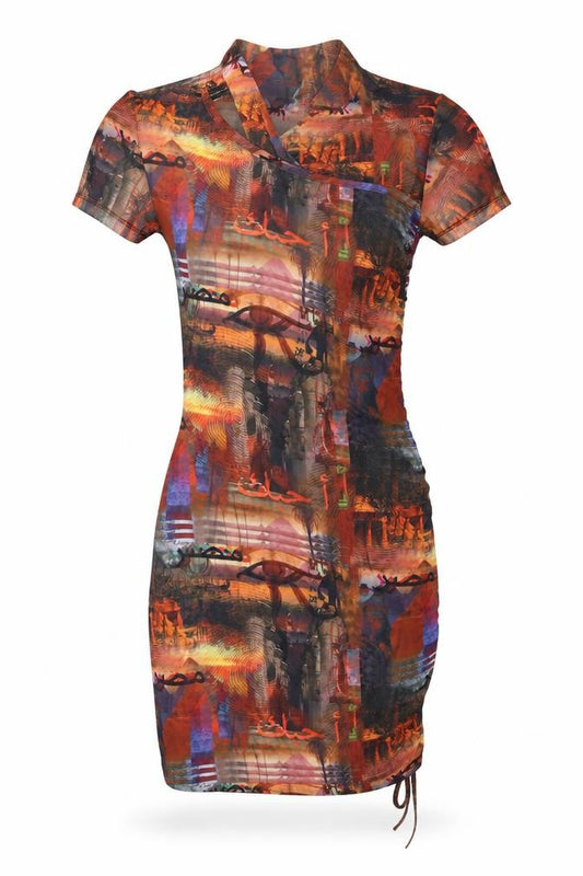 Front view of PRETTYLITTLETHING women’s multicoloured geometric polyester bodycon, size UK 4, mock neck hook & eye - ruched