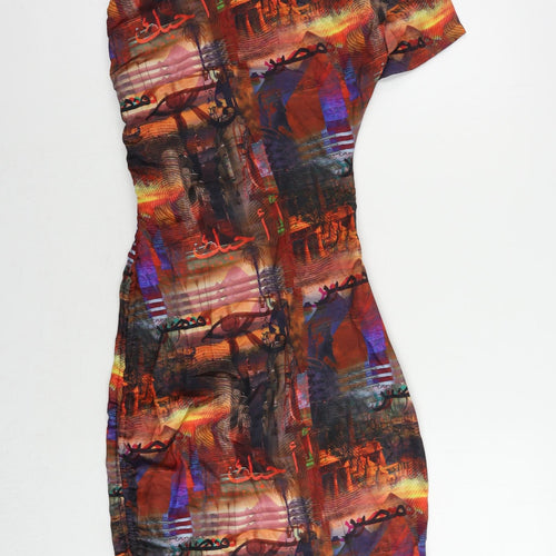 PRETTYLITTLETHING Womens Multicoloured Geometric Polyester Bodycon Size 4 Mock Neck Hook & Eye - Ruched