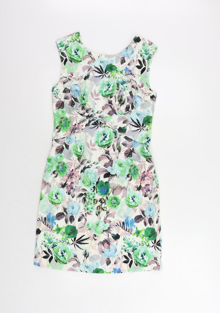 Louche Womens Multicoloured Floral Cotton Pencil Dress Size 10 Boat Neck Zip