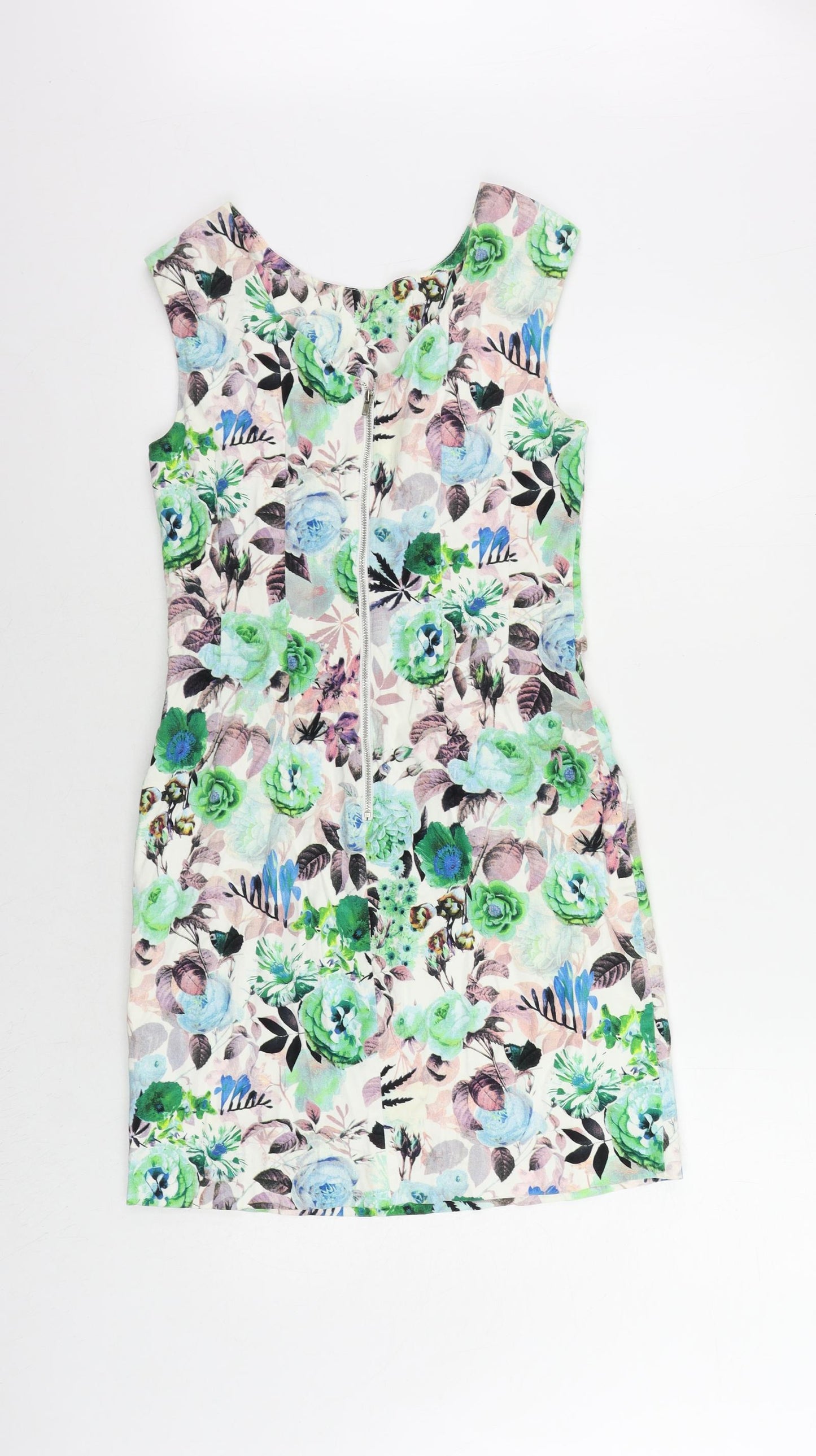 Louche Womens Multicoloured Floral Cotton Pencil Dress Size 10 Boat Neck Zip
