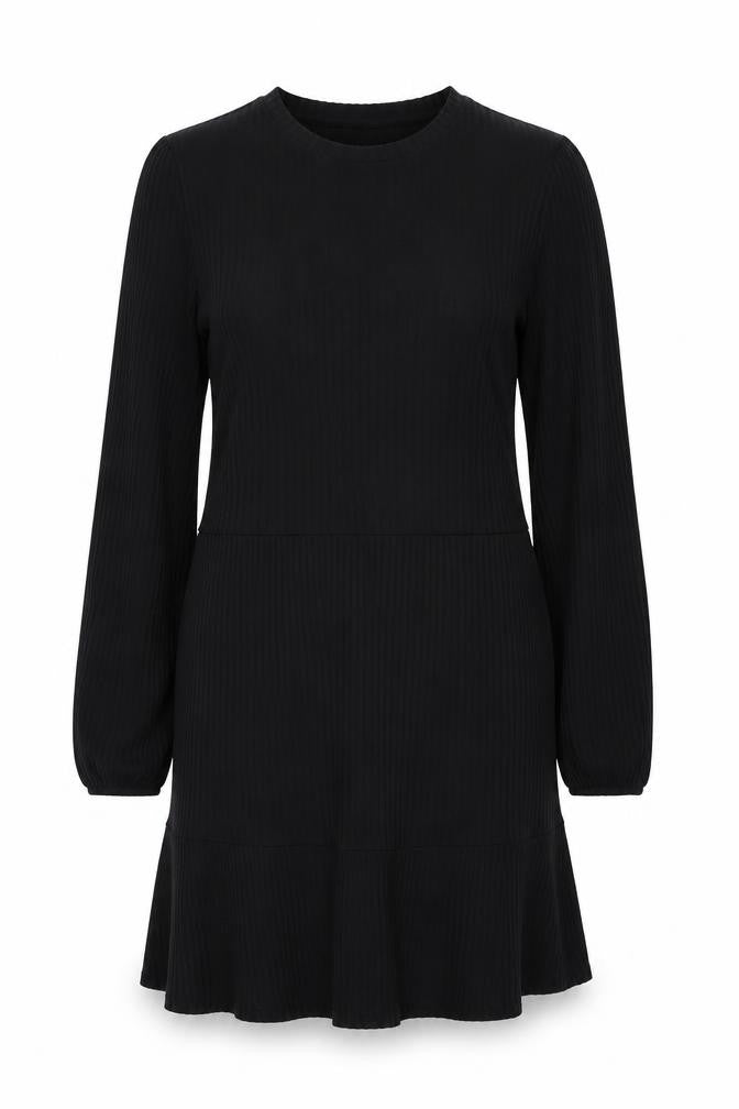 Front view of Stradivarius women’s black polyester jumper dress, size L, round neck pullover