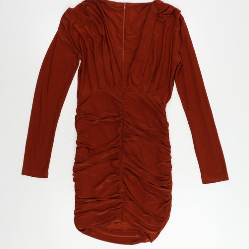 AX Paris Womens Brown Polyester Bodycon Size 12 V-Neck Zip - Ruched
