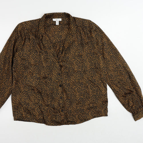 Topshop Womens Black Animal Print Polyester Basic Button-Up Size 12 Collared