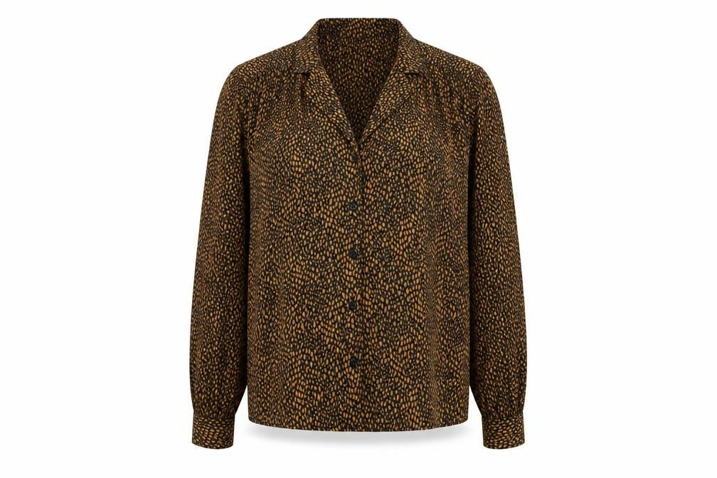 Front view of Topshop women’s black animal print polyester basic button-up, size UK 12, collared
