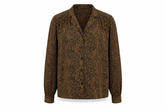 Front view of Topshop women’s black animal print polyester basic button-up, size UK 12, collared