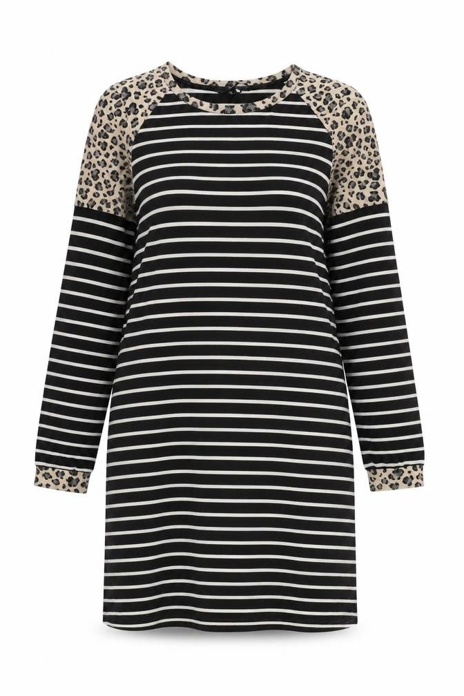 Front view of Vero Moda women’s black striped polyester jumper dress, size M, round neck pullover