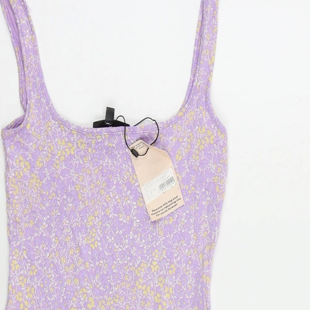 Missguided Womens Purple Floral Viscose Basic Tank Size 10 Scoop Neck