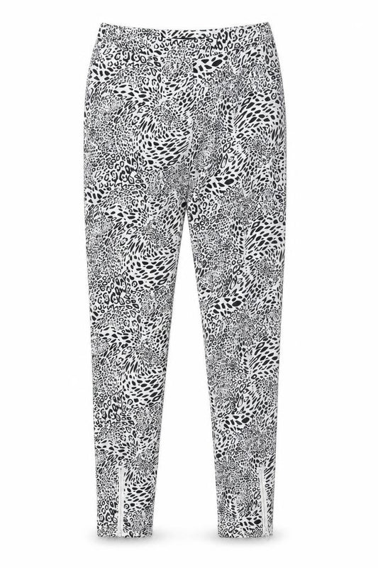 Front view of PRETTYLITTLETHING women’s black animal print polyester trousers, size UK 8, 32-inch leg regular zip - ankle zip