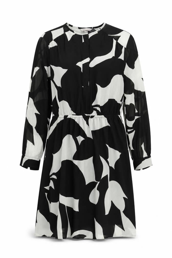 Front view of H&M women’s black geometric polyester a-line, size M, round neck button