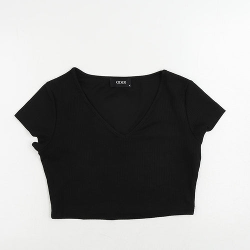 Cider Womens Black Polyester Cropped T-Shirt Size XL V-Neck - Ribbed