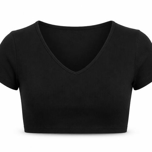 Cider Womens Black Polyester Cropped T-Shirt Size XL V-Neck - Ribbed