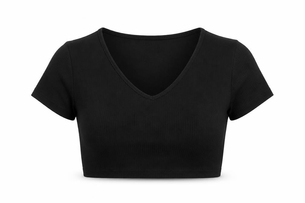 Cider Womens Black Polyester Cropped T-Shirt Size XL V-Neck - Ribbed