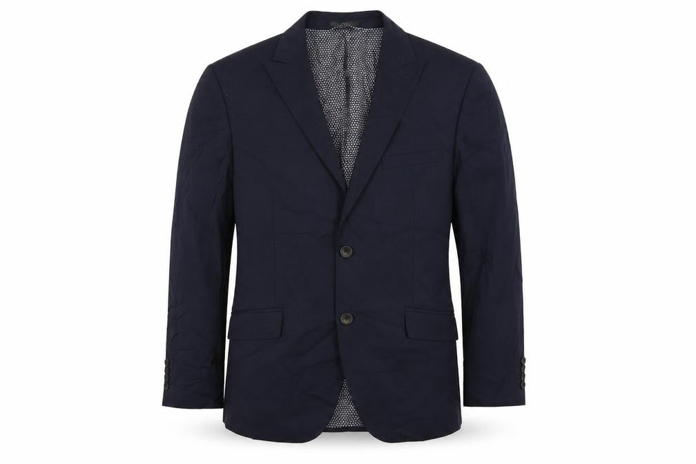 Front view of Marks & Spencer men’s blue polyester jacket suit jacket, size 40, regular