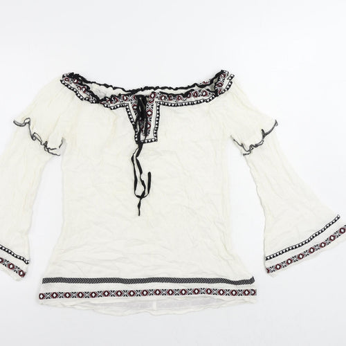 River Is Womens White Viscose Basic Blouse Size 6 Boat Neck - Embroidered