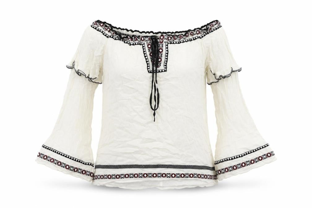 Front view of River Is women’s white viscose basic blouse, size UK 6, boat neck - embroidered