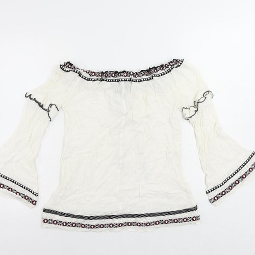 River Is Womens White Viscose Basic Blouse Size 6 Boat Neck - Embroidered