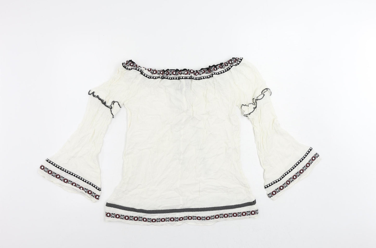 River Is Womens White Viscose Basic Blouse Size 6 Boat Neck - Embroidered