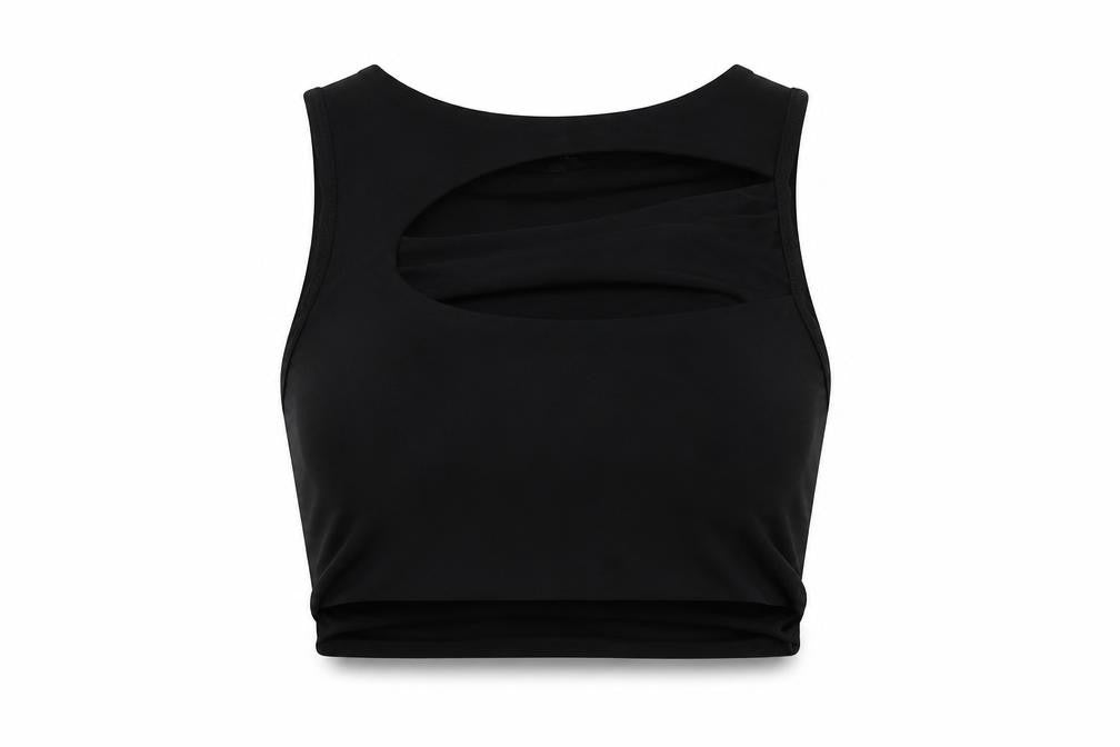 Front view of PRETTYLITTLETHING women’s black polyester cropped tank, size UK 14, round neck - cut out