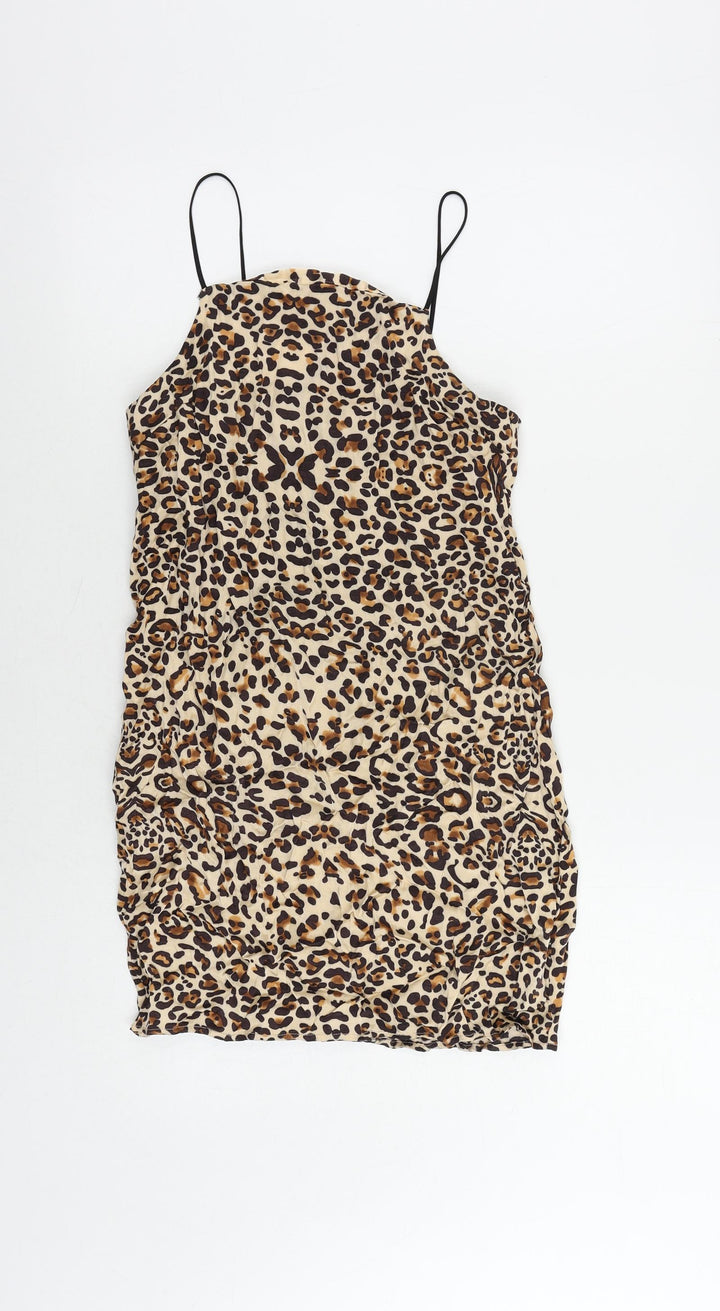 Topshop Womens Beige Animal Print Viscose Mini Size 6 Square Neck