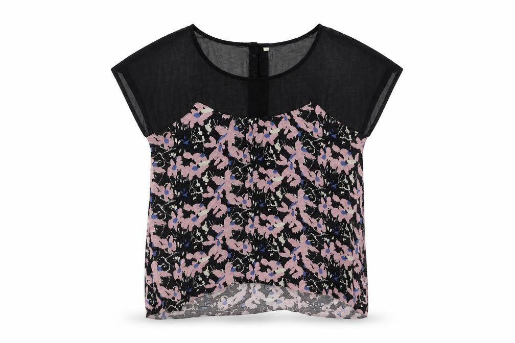 Front view of ecoté women’s black geometric viscose basic blouse, size L, boat neck